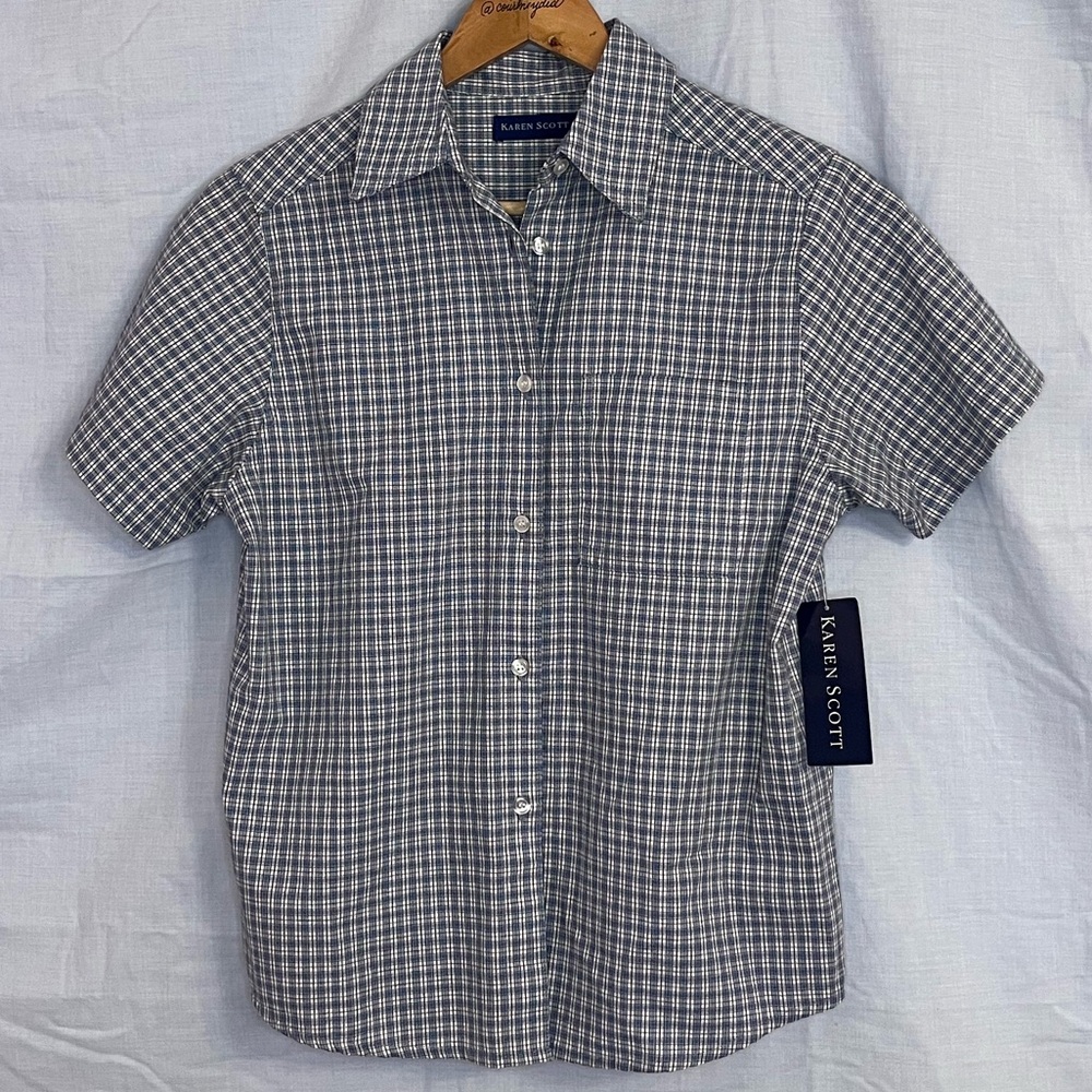 Karen Scott Blue, White, & Black 'Patchwork' Plaid Button Down/Front NWT - Small